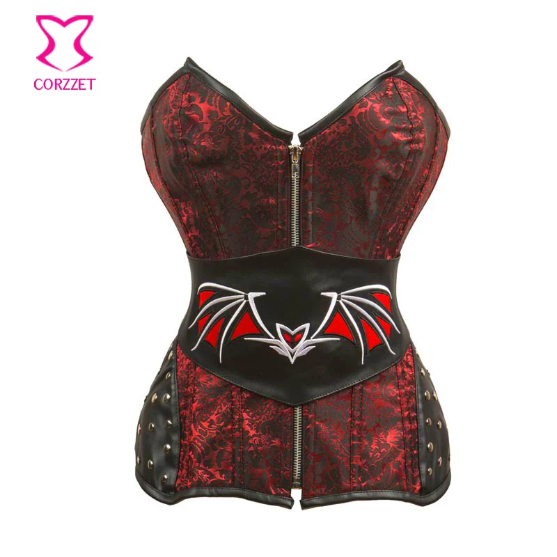 

Steampunk Red Rivet Front Zipper Leather Bat Waist Belt Overbust Sexy Corset Top Gothic Burlesque Corsetto Bustier Korsett Women