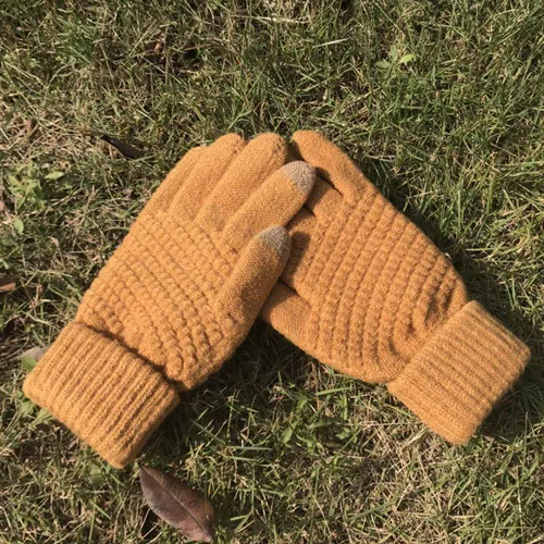Thick Yellow Однотонные эластичные перчатки для женщин, вязаные варежки для девочек, зимние теплые перчатки на полный палец, женские вязаные перчатки, аксессуары для рук Mitaine - Цвет: Thick Yellow