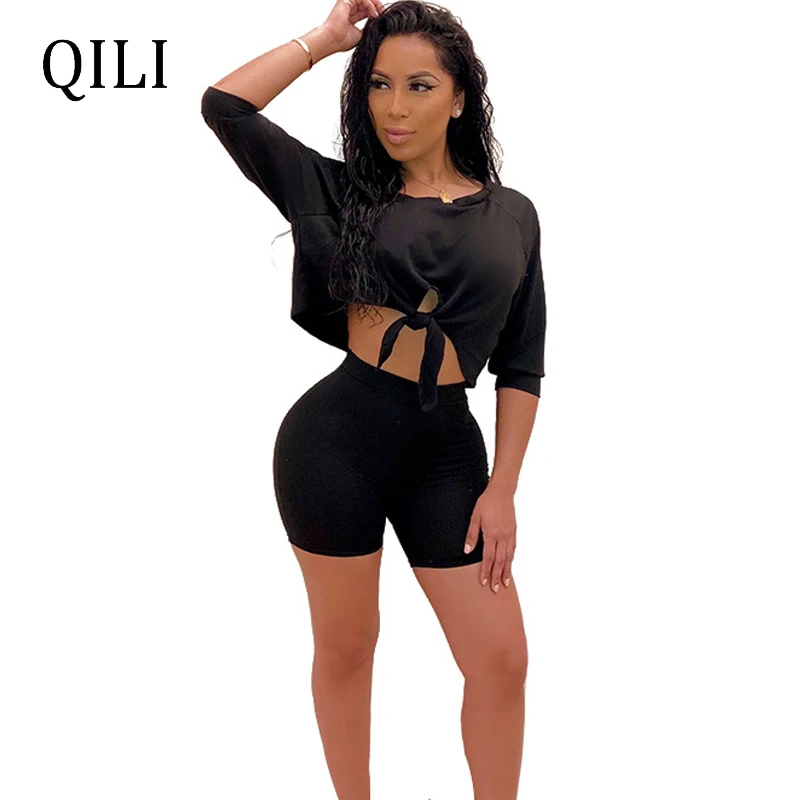 QILI Women Long Sleeve Set Summer Clothes Rompers Black Yellow Gray Crop Top+Shorts Bandage Biker Outfits For Womens | Женская одежда