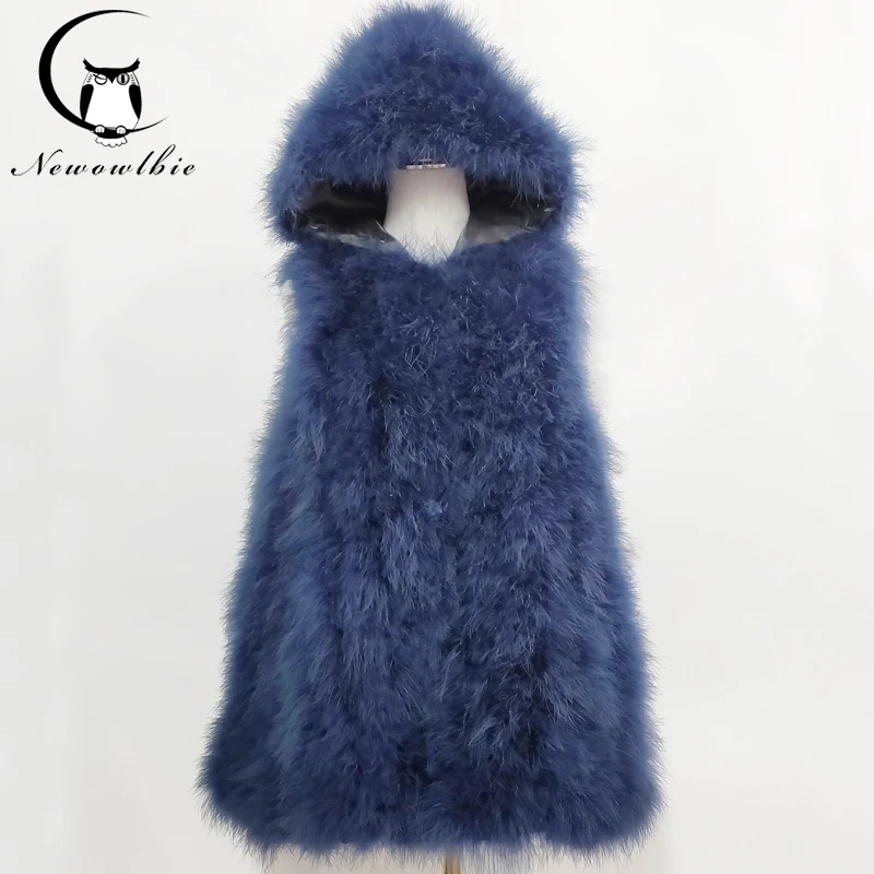 New ostrich hair vest 70 cm long plus hat small fresh 100% turkey feather vest real fur coat Encrypted hand weaving