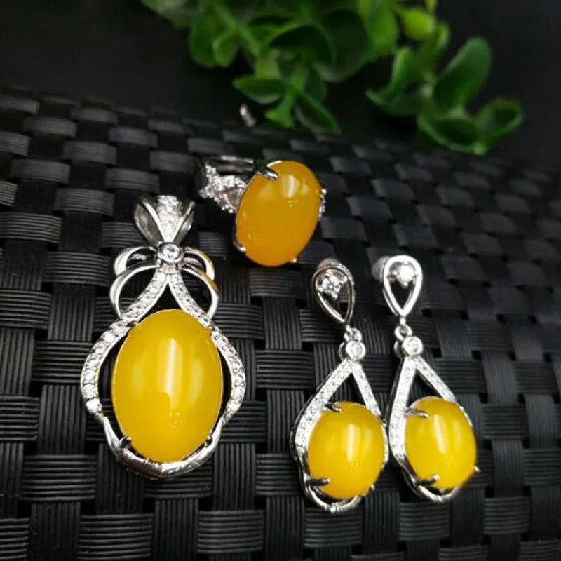 yellow Yu Xin Yuan Fine Jewelry 925 Серебряный инкрустированный натуральным зеленым халцедоном Овальный Кулон Кольцо Rop серьги три штуки - Цвет камня: yellow