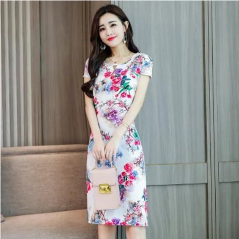 2019 Summer Middle-aged Mother Loose Comfortable Ccotton Print Round Neck Short Sleeve Plus Size 5XL Beach Mid-length Dress | Женская