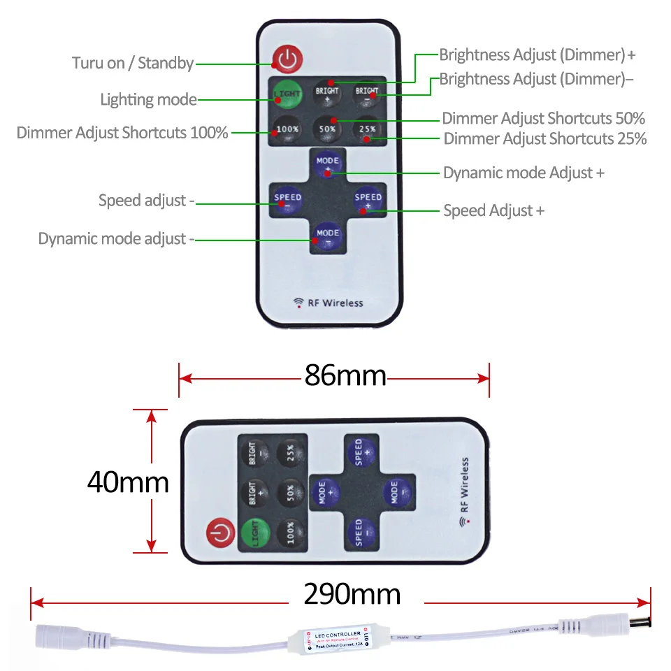 Одноцветный диммер постоянного тока с дистанционным управлением 1 комплект 12 В 11