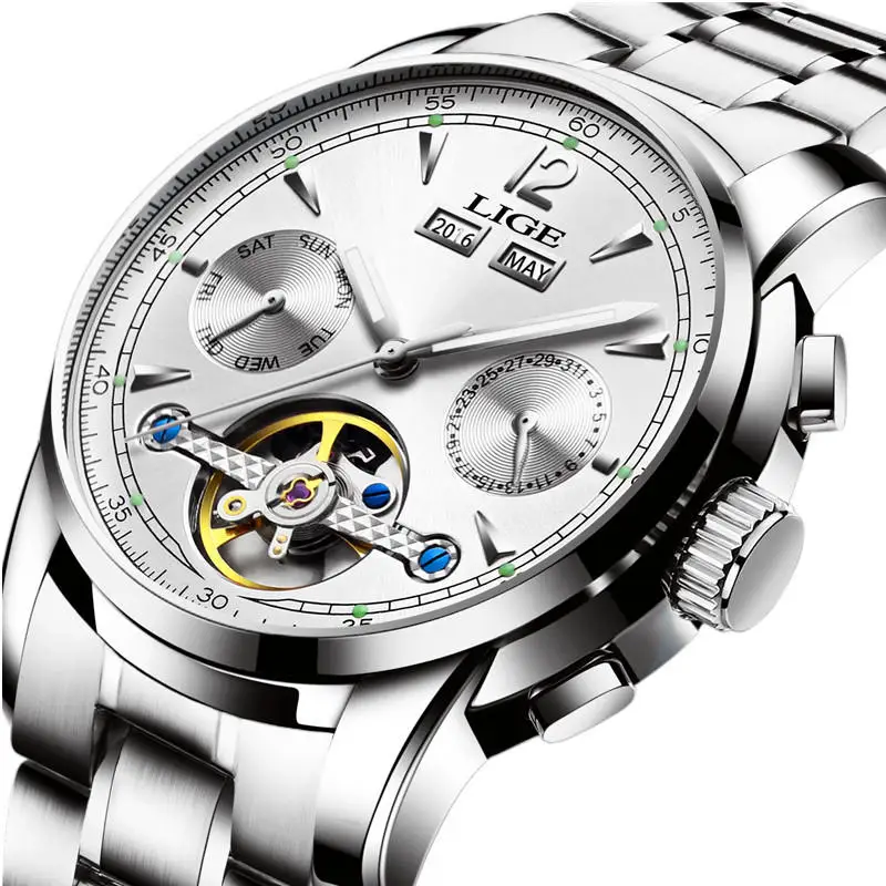 silver white Relojes LIGE, Мужские автоматические механические Спортивные часы, мужские роскошные Брендовые повседневные часы, мужские наручные часы, армейские часы, relogio masculino - Цвет: silver white