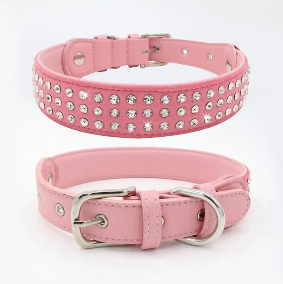pink Собачьи Ошейники со стразами шикарные мягкие кожаные ошейники для домашних животных бриллианты шипованные средние и большие собаки показать вечерние свадебные подарки - Цвет: pink