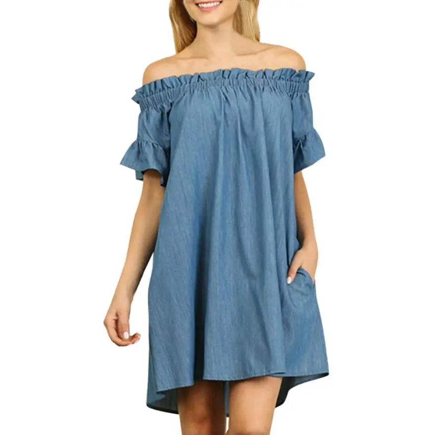 &amp35 Plus Size Dress Womens Beach Off The Shoulder Bardot Denim Look Shirt Tops Vestidos De Festa Платье Vadim - купить по
