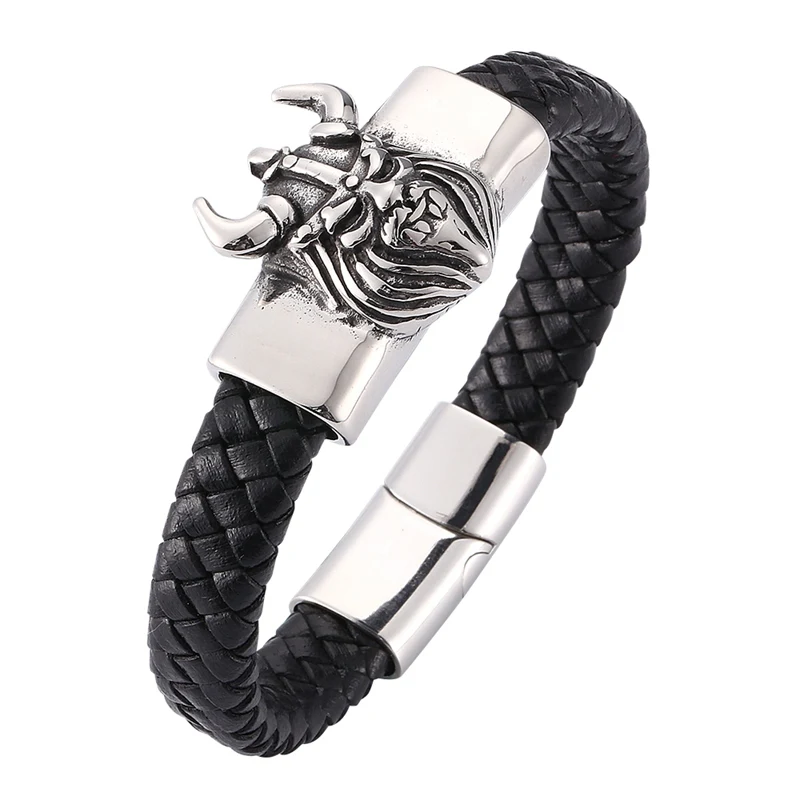 

Punk Rock Men Leather Bracelet Black Braid Bracelets Charm Stainless Steel Magnetic Clasp Bangles Men's HipHop Jewelry BB0271