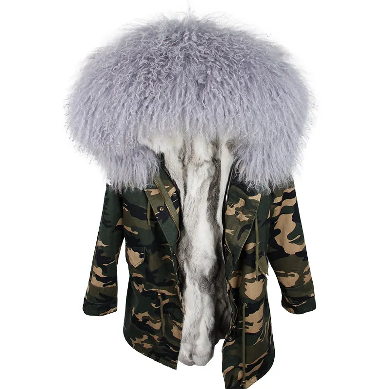 camo grey OFTBUY пальто с натуральным мехом, зимняя куртка, Женская длинная парка, воротник из натурального меха монгольской овцы, капюшон, подкладка из натурального кроличьего меха, уличная одежда - Цвет: camo grey