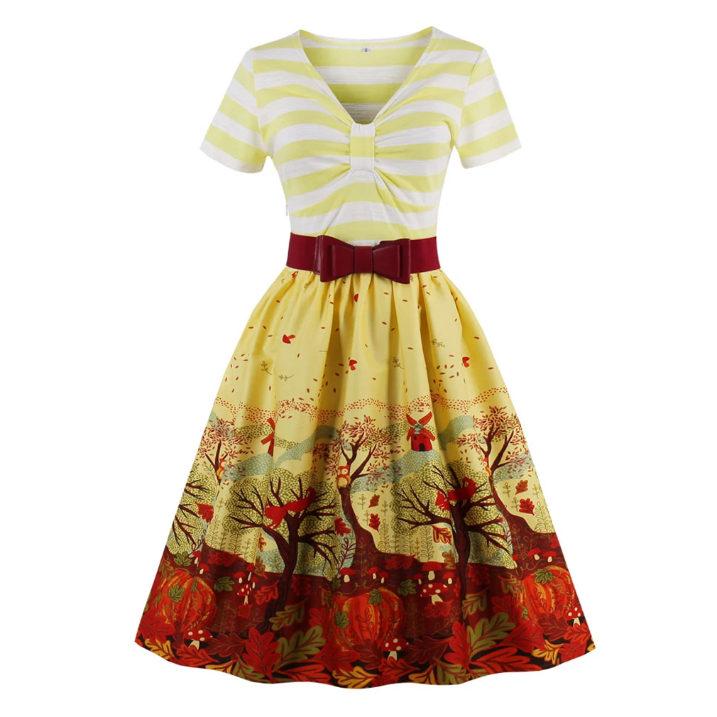 Женское винтажное платье в стиле Хепберн желтое с принтом туника 50 х годов