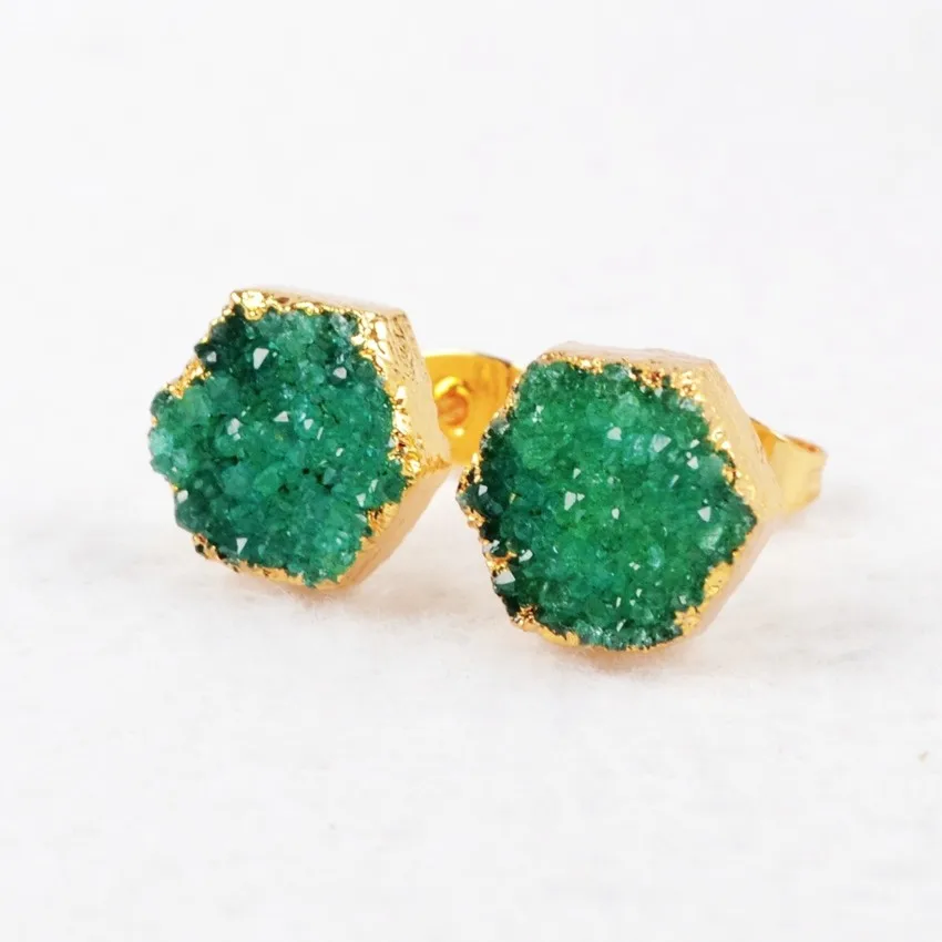 BOROSA Druzy, 1 пара, шестигранные серьги-гвоздики с натуральным кристаллом, золотой цвет, зеленые Агаты, драгоценные камни, ювелирные изделия, G0429-2