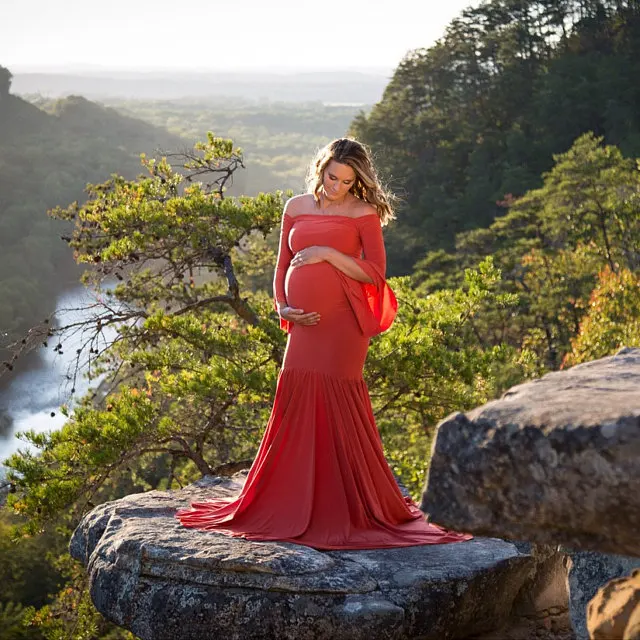 

Photography Props Maxi Gown Cotton Maternity Dress Maternity Fancy Photo Shooting Pregnant Lotus Leaf Sleeve Trailing Dress