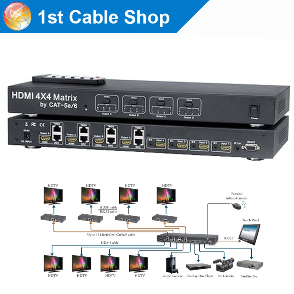 Hdmi переключатель разветвитель 4x4 матричный коммутатор/разветвитель/удлинитель по Cat5e/6 Cat6 кабель до 130 футов(один TX и 4 приемника в комплекте