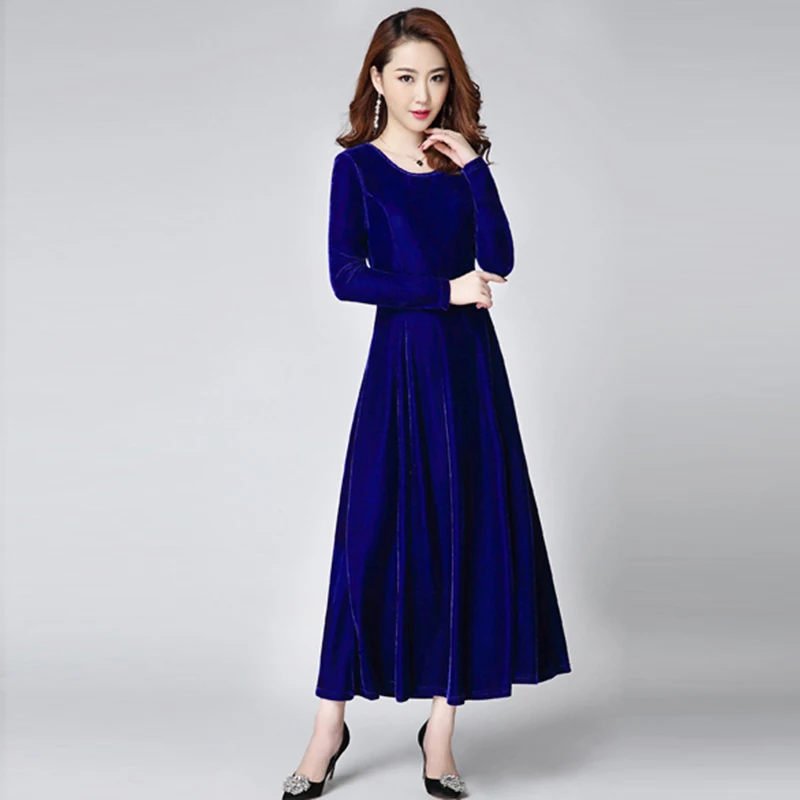 

Autumn Winter Velet Dress Female Solid Color Long Sleeve A Line Dress Women Elegant O-neck Long Black Dresses FP1388