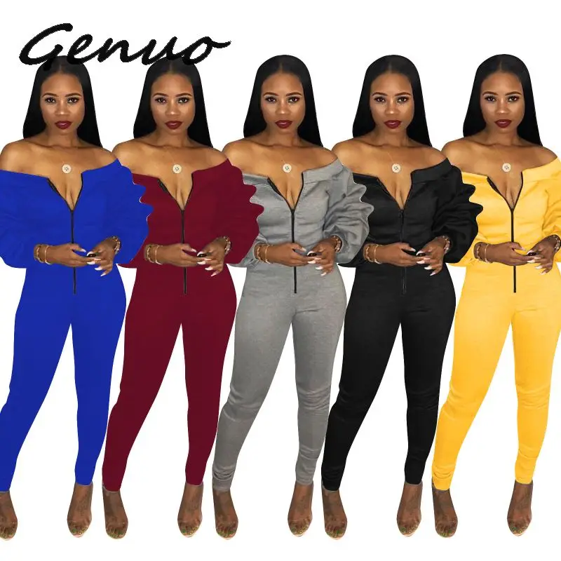 Genuo Autumn 2019 Sexy Design Hot Sale Women Long Jumpsuits Solid Slash Neck Full Sleeve Lady Age Reduction Bodycon Romper |