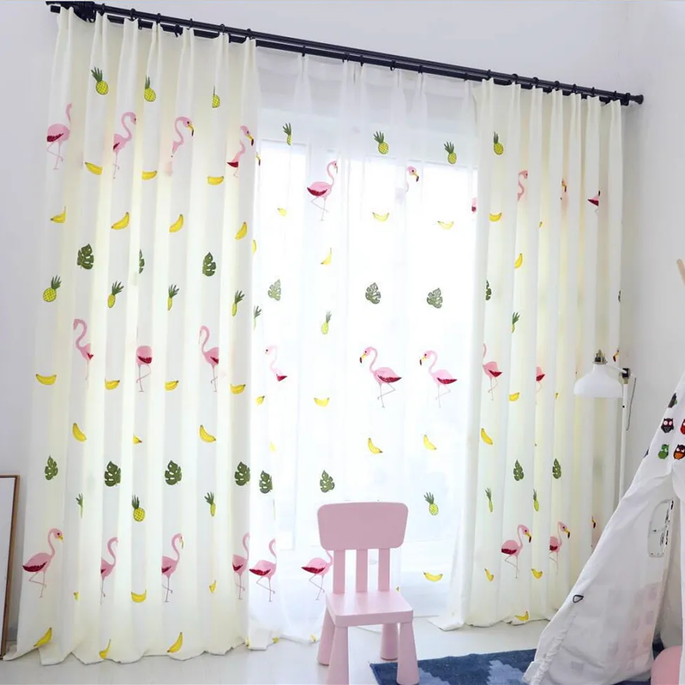 Cute Embroidered Yellow Banana Pineapple Curtain for Kids Room Green Leaves Sheer Tulle Children Red Birds Flamingo Living | Дом и сад
