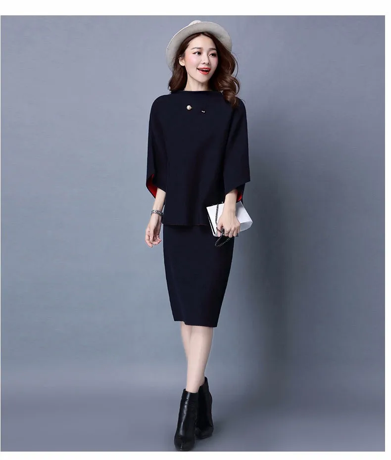 navy blue Maxdiroo, 6 цветов, комплект из двух предметов, свитер, женский костюм, женский пуловер, спортивный костюм, женский кашемировый костюм, женские костюмы, юбка-карандаш - Цвет: navy blue