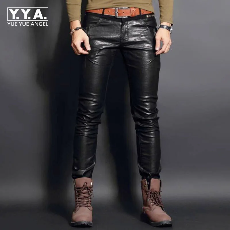 Top New Fashion PU Leather Mens Pants Trousers Motorcycle Europe Punk Man Slim Fit Trousers Male Trousers Plus Size 28-36