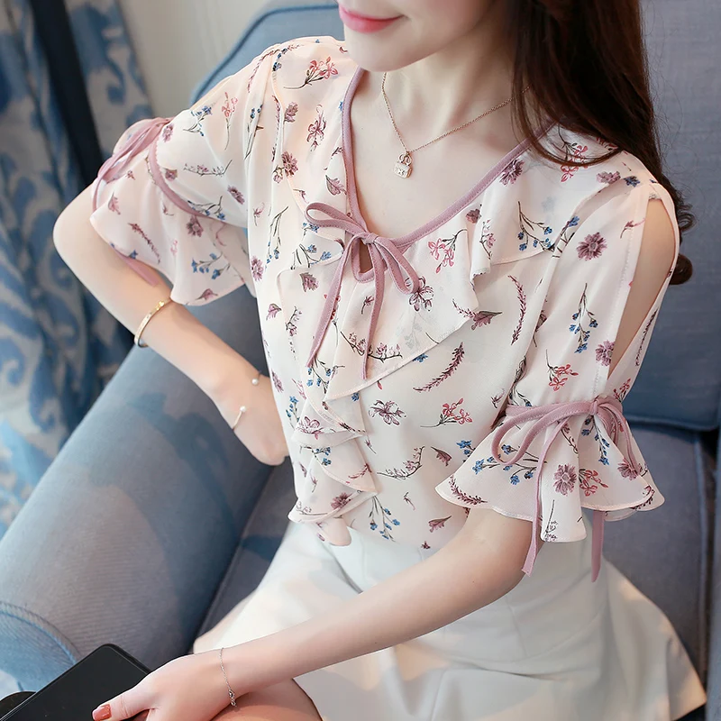 2018 New short sleeve summer women blouses fashion print chiffon blouse shirt bow V collar clothing blusas 0049 30 |