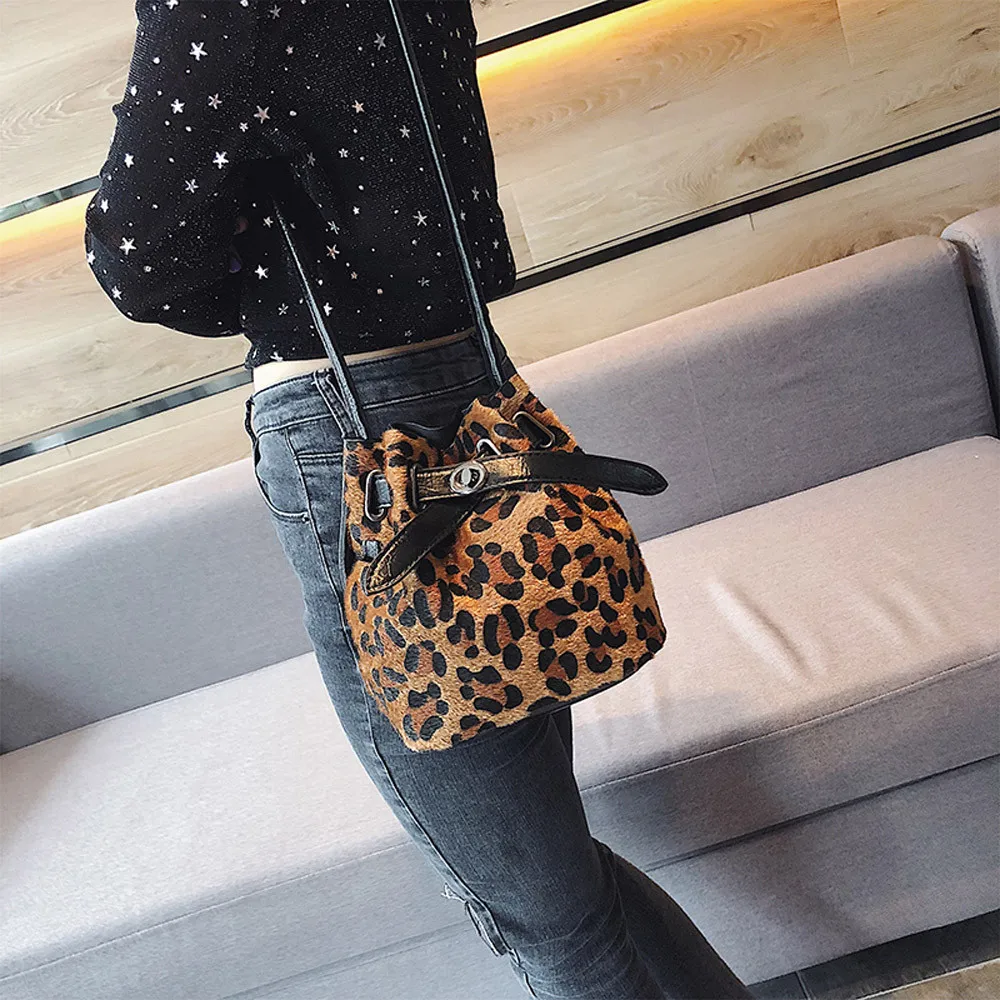 Women Plush Leopard Print Shoulder Bag Messenger Crossbody Bucket luxury handbags women bags designer high quality d27 | Багаж и сумки