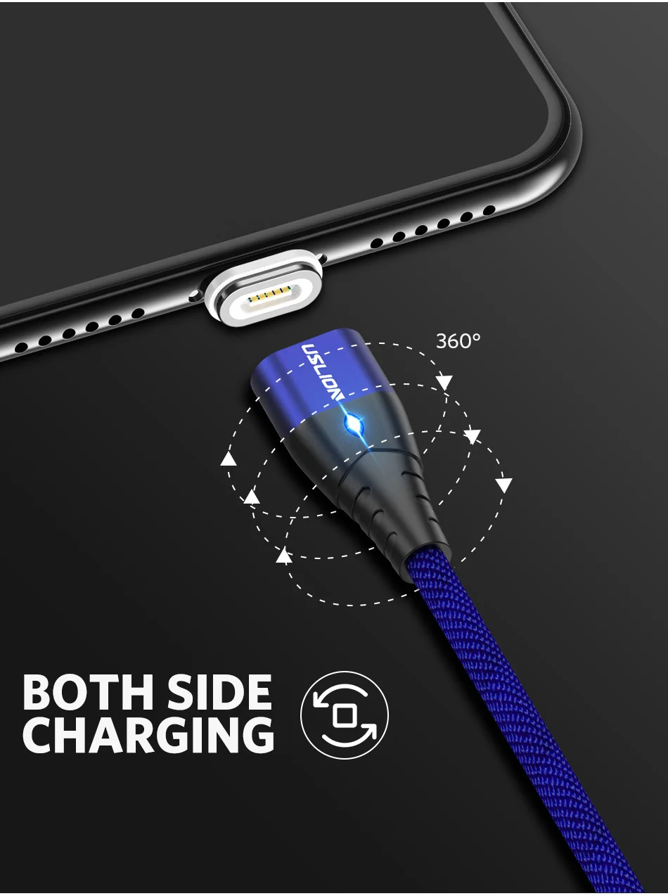 Магнитный кабель USLION Micro USB Type C для iPhone XS Max XR Samsung S10 3A кабель для быстрой зарядки Type-C Магнитный кабель для зарядки 1 м 2 м