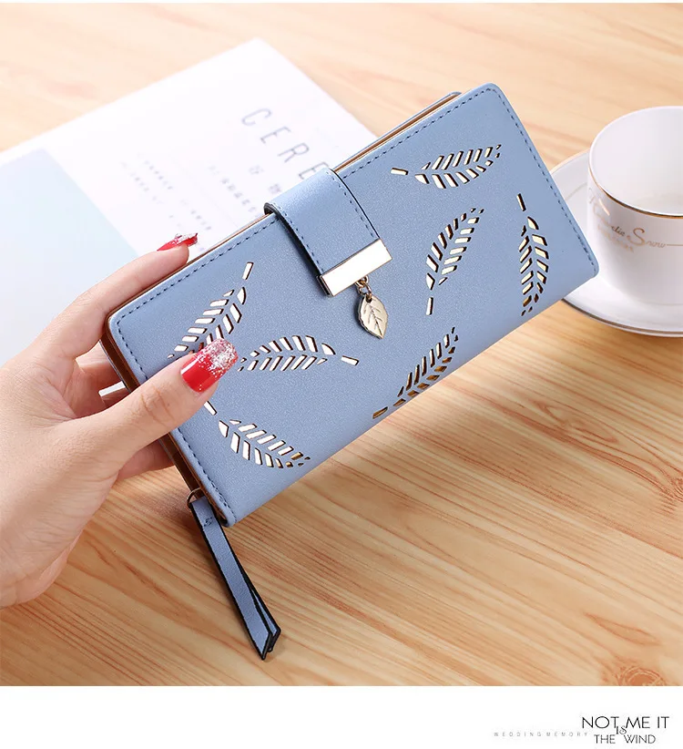 Женский кошелек из искусственной кожи, Женский Длинный кошелек с золотыми полыми листьями, Сумочка для женщин, кошелек для монет, держатель для карт, клатч