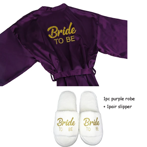 purple 2pc set Sisbigdey/комплект из 3 предметов для невесты; халат; тапочки; Атласный халат с поясом; женские блестящие золотые вечерние кимоно для невесты - Цвет: purple 2pc set