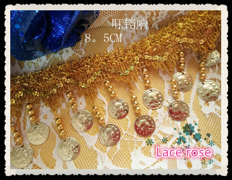 

Golden head iron coin wave beaded lace Tassel lace trimming sequins fringe lace ribbon trim Dance dress ccessories