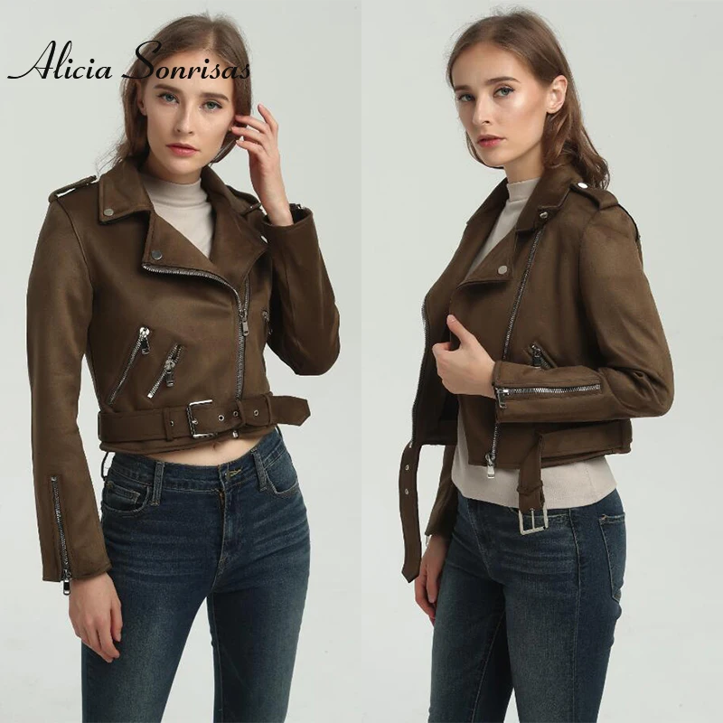 

Women Faux Suede Jacket Women Brown Leather Jacket Spring Lady Motorcycle Fashion Street Women Badges Vintage Coats AS0332