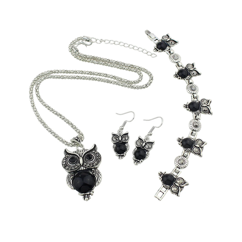 Мода старинное серебро Цвет цепи красные черные Бусины сова кулон Цепочки и