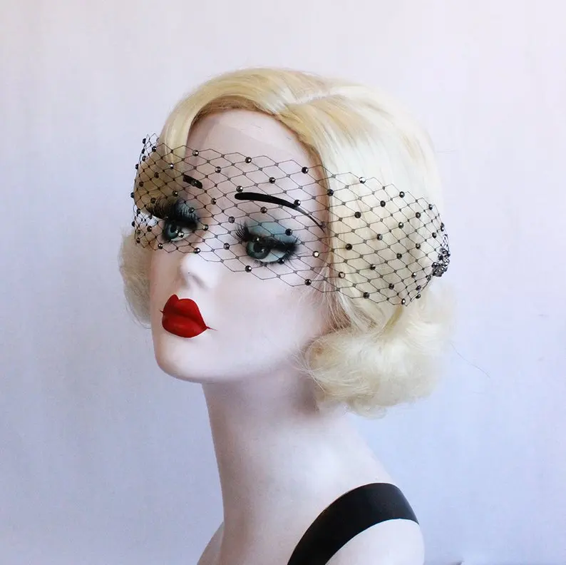 

Black Blindfold Veil, Black Birdcage Veil, Crystal,Wedding headpiece, headwear