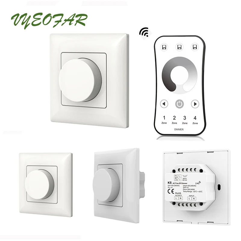 

New Led Triac Dimmer 220V Wall Mount Manual Panel 110V-240V Dimming Lamp Dimmable Knob Switch With 4 Zone Remote Dim Controller