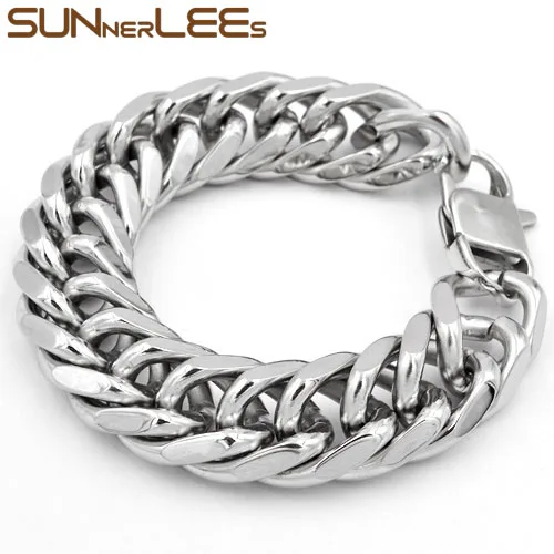 

SUNNERLEES Fashion Jewelry 316L Stainless Steel Bracelet 19mm Huge Double Curb Cuban Link Chain Silver Color Men Boys SC28 B