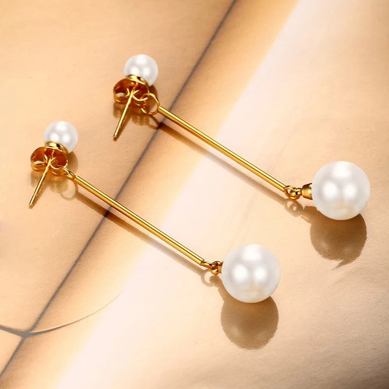 Vnox двойной круглый имитация Серьги с жемчугом для Для женщин длинные Нержавеющая