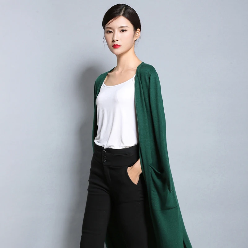 Women's Lengthen Wool Cardigan Long Cardigans Large Pocket Slitting Bottom 2017 Spring Jacket Fashion Knitted Sweaters #1269 |