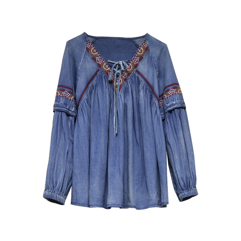 Женская рубашка 2018 Yuzi.may Boho новая джинсовая женская блузка с V образным вырезом и