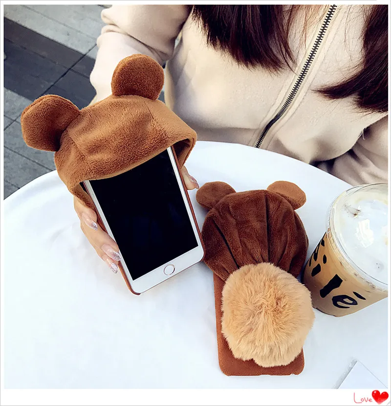 Ainike Cute Warm Fur Ball Bear Hat Phone Case For BBK Vivo X9s X20Plus Xplay5 X21i V15 Y17 Y3 Animal Ears Soft Furry Plush Cover |