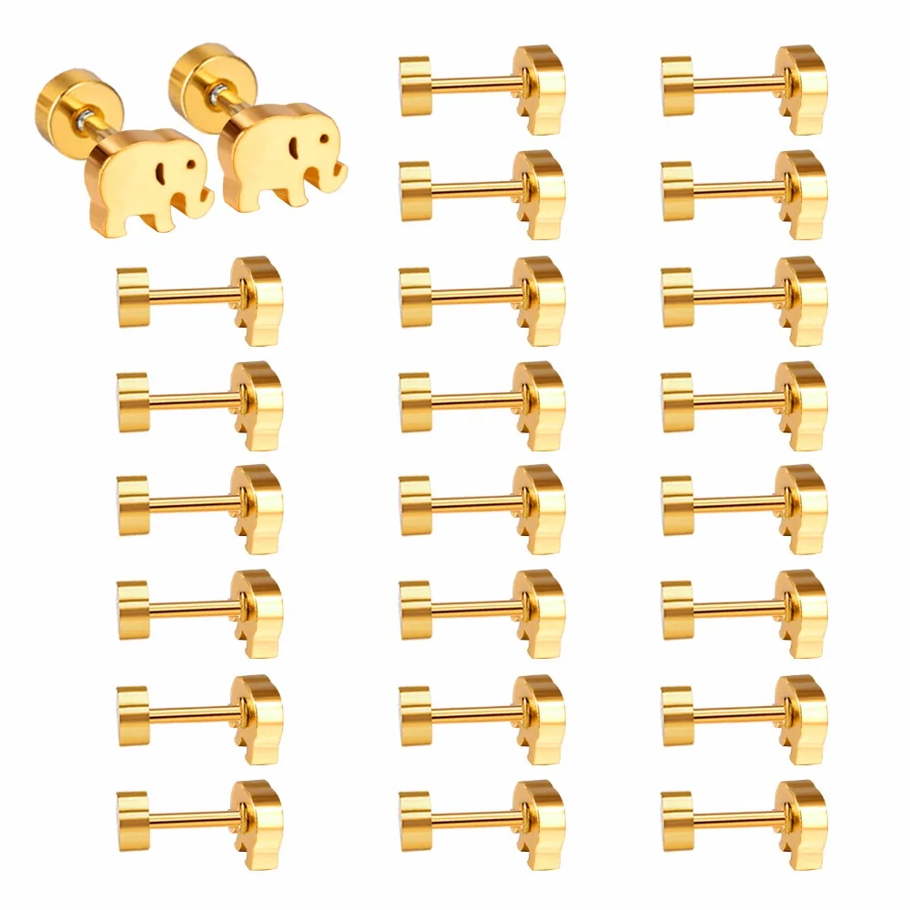

LUXUKISSKIDS Hot Sale Stainless Steel Screw Back Earrings Fashion Elephant Shape Stud Earrings 12pairs/lot Wholesale