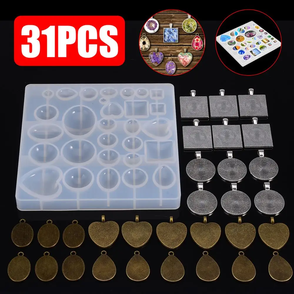 31 Piece Silicone Resin Molds Crystal Pendant Tray DIY Jewelry Kit Square/Round/Oval /Heart/Teardrop Cameo Base | Украшения и