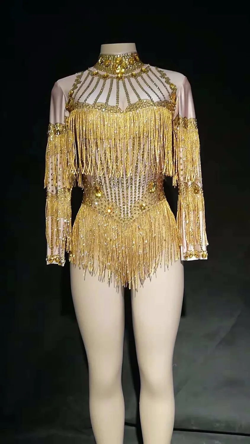 Women Sexy Stage Gold Tassel Big Glass Sparkling Crystals Bodysuit Nightclub Birthday Party Wear Dancer Singer Bling Costumes