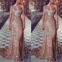 luxury maxi dresses gold sequined prom gowns one shoulder robe soiree sexy high split evening party formal dress women elegant
