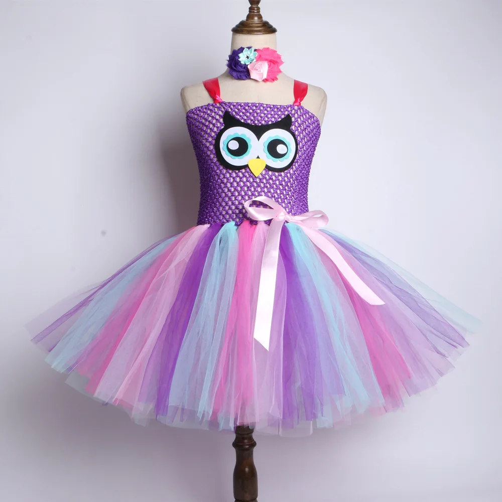 Радужное платье-пачка с совой и повязкой на голову Тюлевое девичье платье для дня
