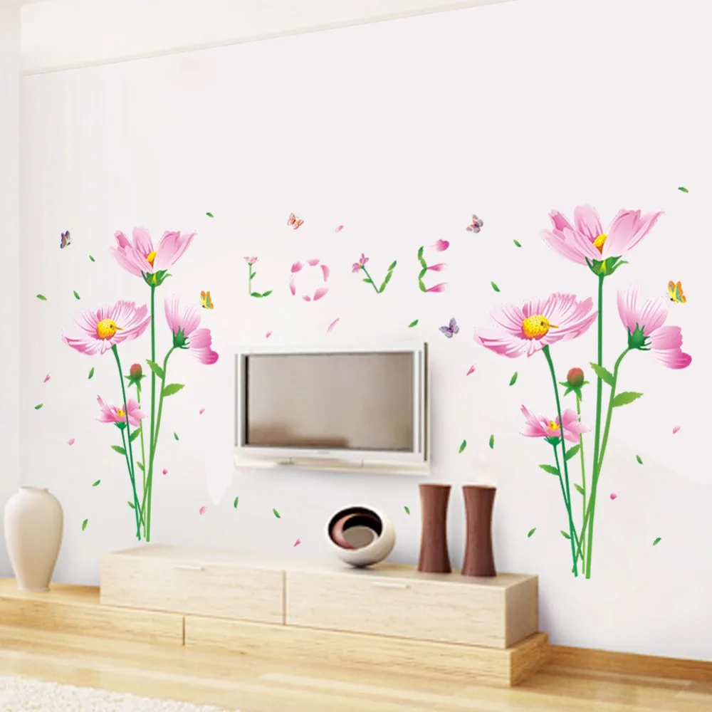 % beautiful daisy flowers butterfly wall decals home decor stickers wedding party living bedroom mural art 3d post wallpaper | Дом и сад