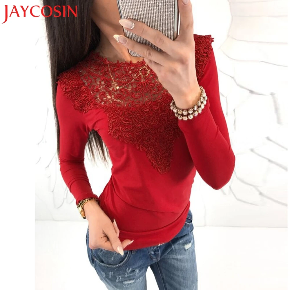 JAYCOSIN Женская Сексуальная кружевная Однотонная футболка с длинным рукавом