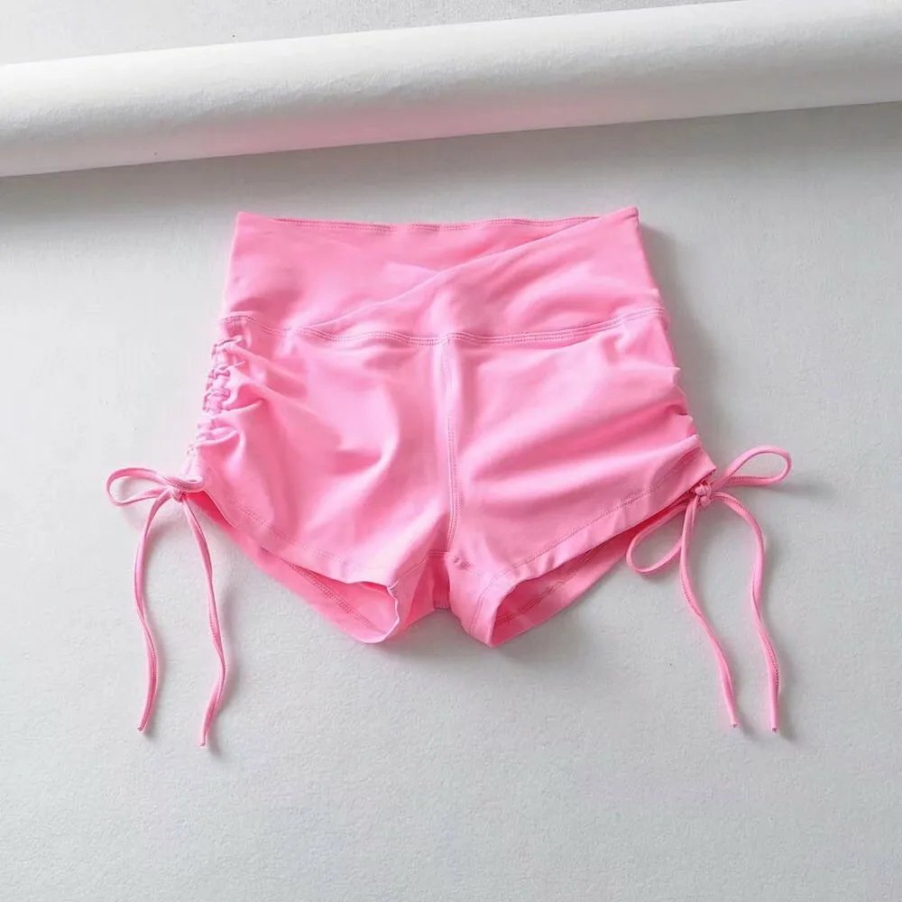 

High Elastic Yoga Shorts Fitness Drawing Rope Wrinkle High Waist Running Short Summer Sports Tights Dancing Hot girl