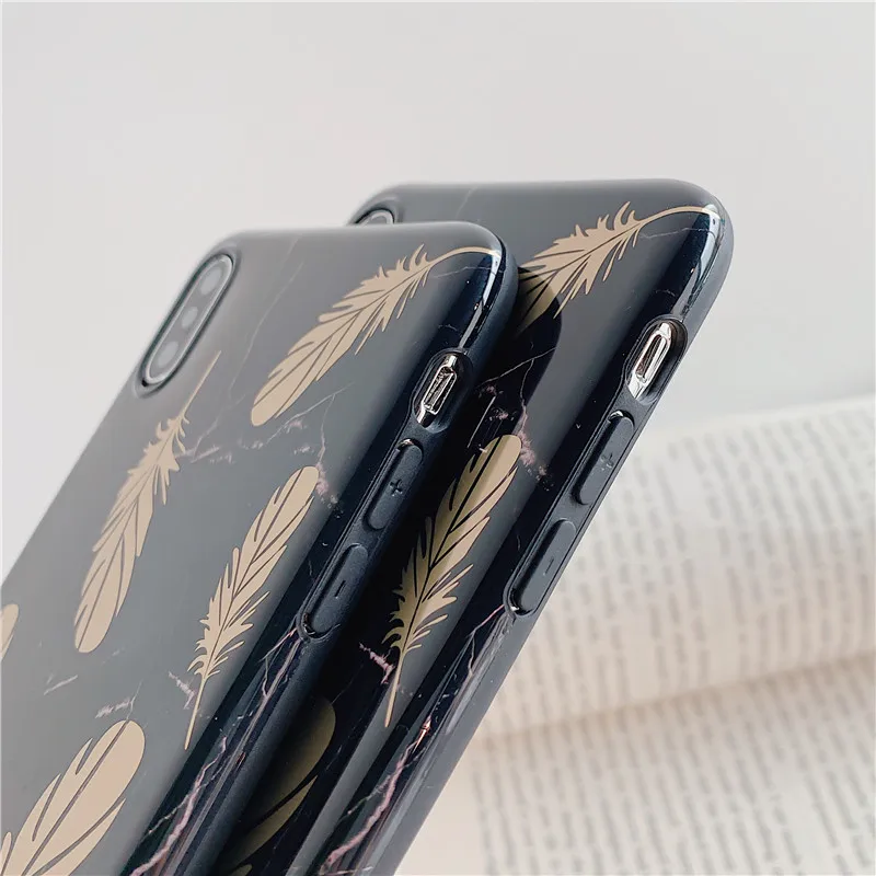 FLYKYLIN Gold Feather Black Marble Case For iphone 6 S 7 8 Plus XS Max Cover Huawei P30 Pro P20 Lite Soft IMD Silicone Coque |