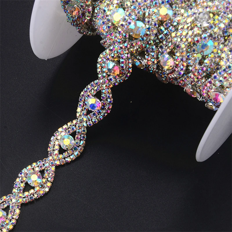 

New Rhinestone Trim Crystal AB Stone Silver Chain Pretty Flower Trimming Wedding Decoration Sew On Clothing Diy Accessories