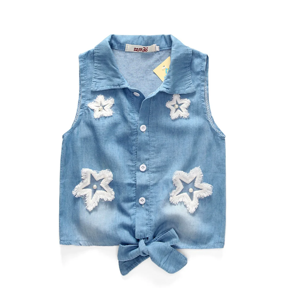Детский комплект летней одежды для девочек Модная Джинсовая рубашка без рукавов