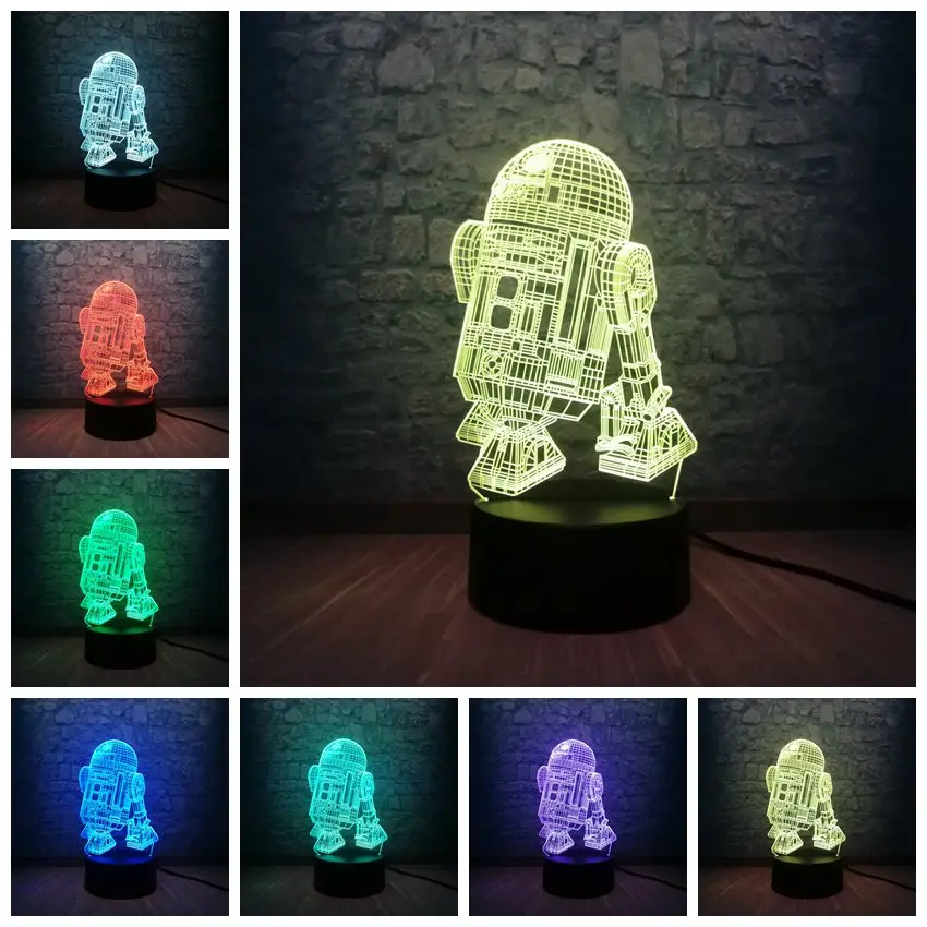 Звездные войны черный рыцарь R2D2 робот 7 смешанных двух цветов 3D светодиодный ночник Lihgt Мальчики атмосфера спальни лампа Декор подростковый Рождественский подарок