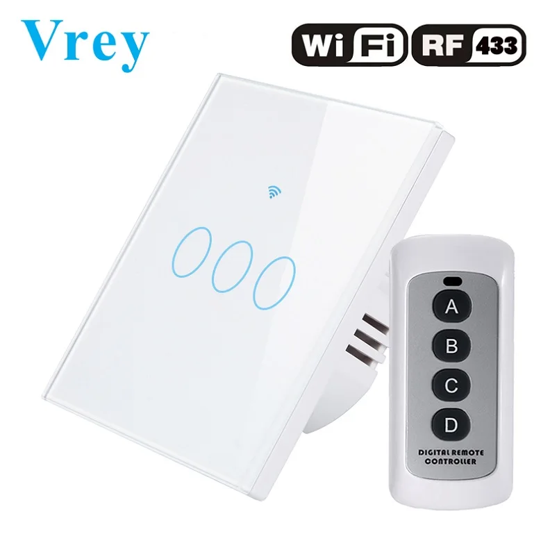 VR-WIFI-03 white Vrey wifi умный сенсорный выключатель, приложение беспроводной пульт дистанционного света сенсорный настенный выключатель, Хрустальная стеклянная панель, работает с Alexa/Google Home - Цвет: VR-WIFI-03 white