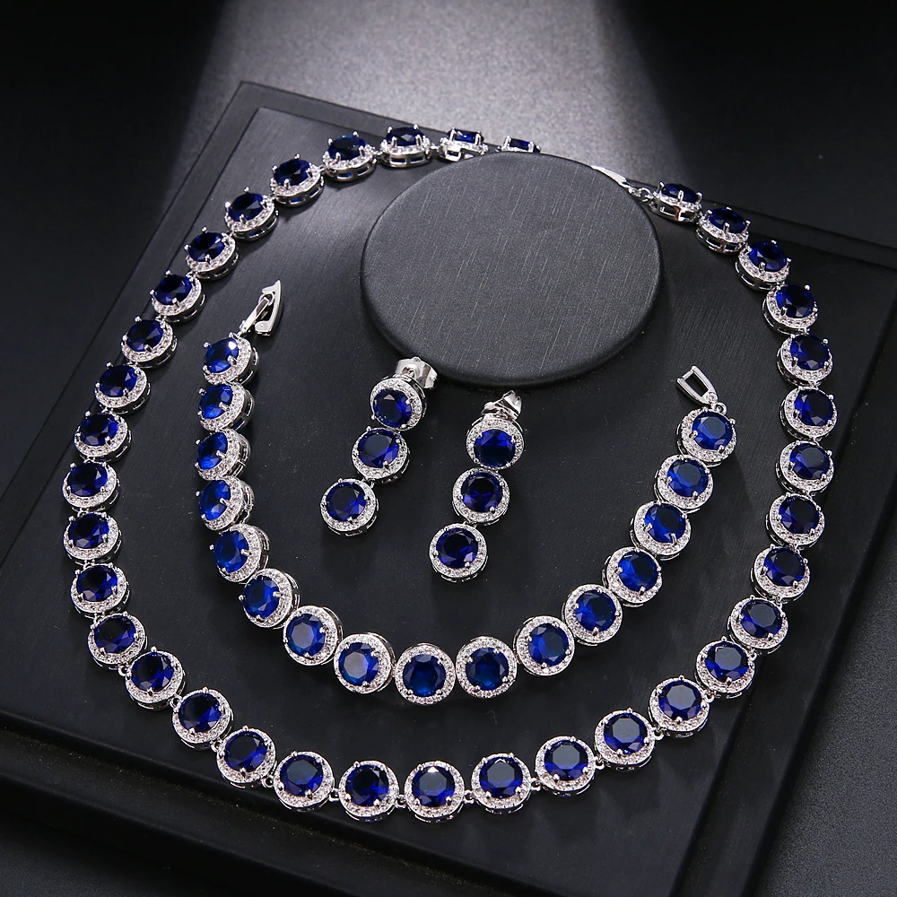 Роскошный круговой набор, ожерелье, серьги, браслеты из стерлингового серебра 925 пробы, ожерелье 42 см, серьги 3 см, браслеты 18 см, EHBK-040